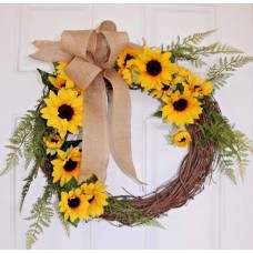 Large Spring/Fall Sunflower Grapevine Wreath, Silk Flowers, Oversize Burlap Bow    172353524673
